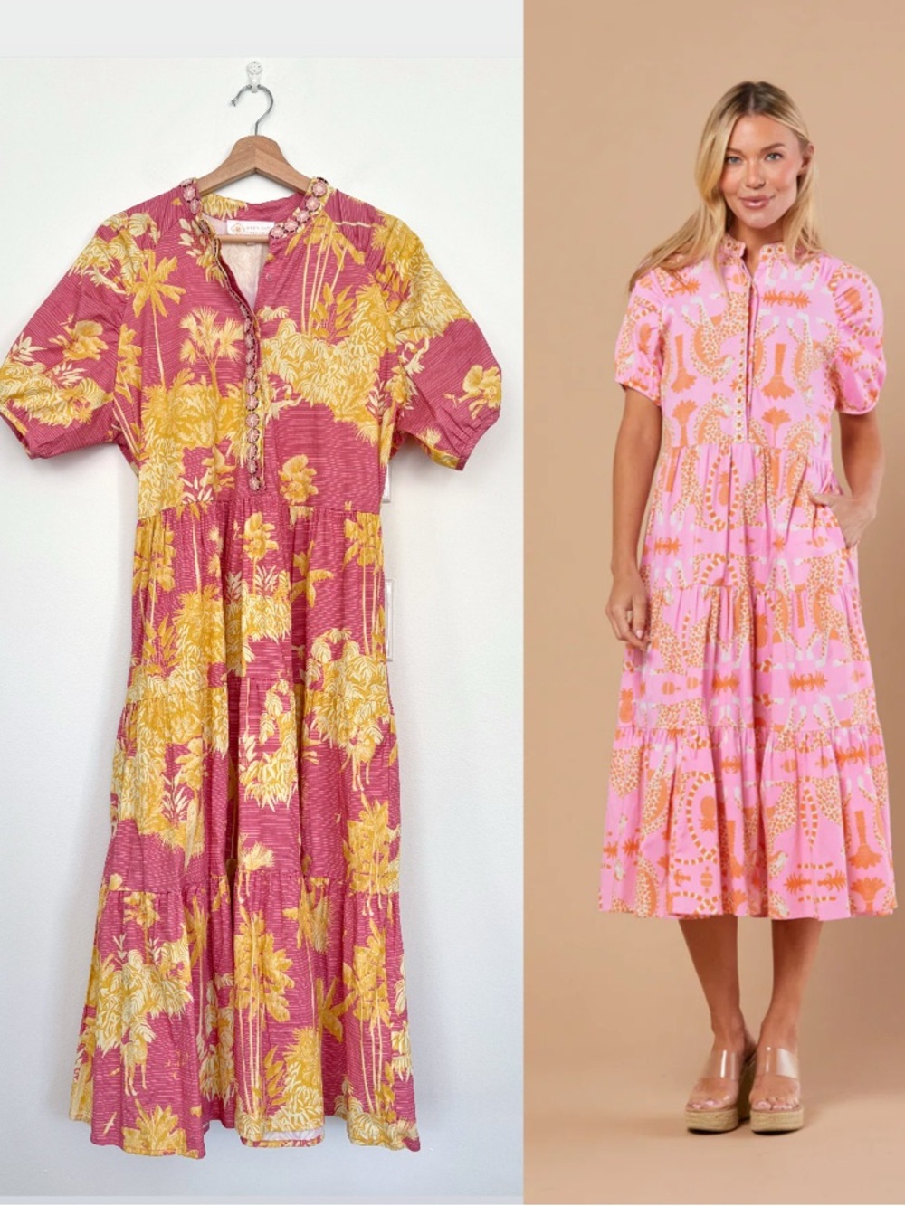 Sheridan French || Kimbell Dress Beaded Tiered Midi Palm Print Pink‎ Yellow XL
